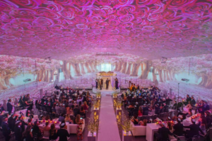 3d Projection mapped room at temple house in Miami for a wedding creating a pink cherry blossom forest. 